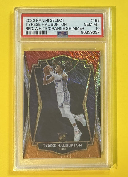 2020-21 Tyrese Haliburton — Select Premier Level [Red White Orange Shimmer Prizm] — PSA 10 — front — Inventory P129-C