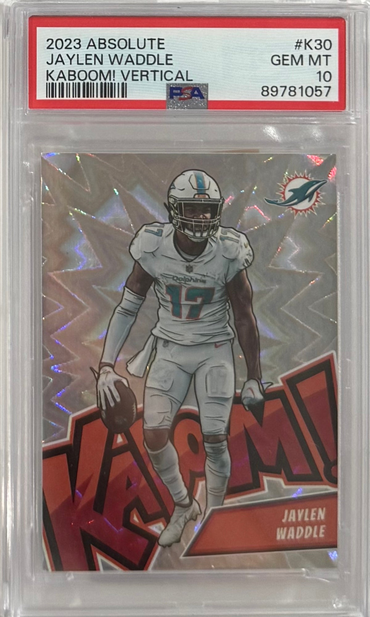 2023 Jaylen Waddle — Absolute Kaboom! Vertical [SSP / Case Hit] — PSA 10 — front — Inventory P129-D