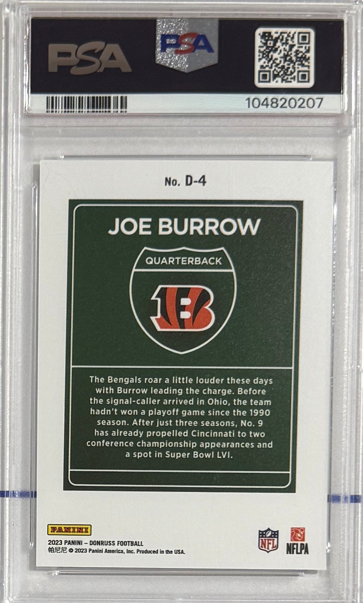 2023 Joe Burrow — Donruss Downtown [SSP / Case Hit] — PSA 9 — back — Inventory P130-B