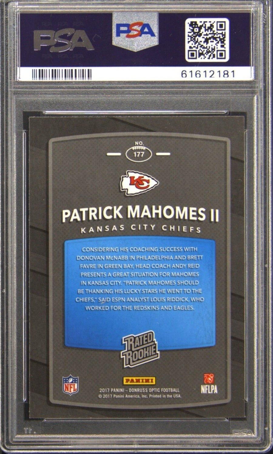2017 Patrick Mahomes II — Donruss Optic Rated Rookies [Base] — PSA 9 — back photograph