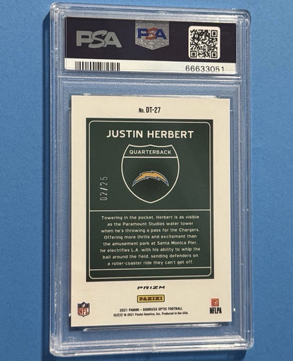 2021 Justin Herbert — Donruss Optic Downtown [Black Pandora Prizm] — PSA 10 — back — Inventory P132-A