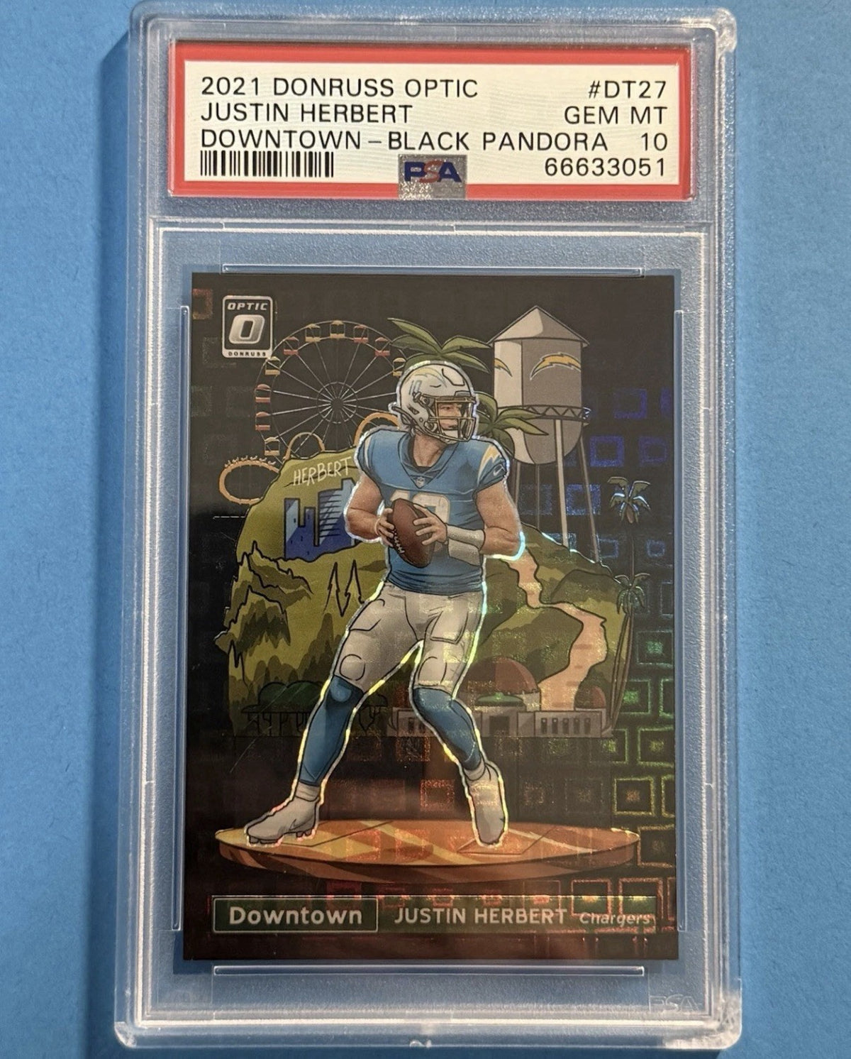 2021 Justin Herbert — Donruss Optic Downtown [Black Pandora Prizm] — PSA 10 — front — Inventory P132-A