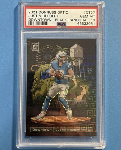 2021 Justin Herbert — Donruss Optic Downtown [Black Pandora Prizm] — PSA 10 — front — Inventory P132-A