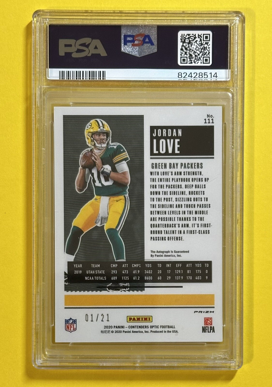 2020 Jordan Love — Contenders Optic Rookie Ticket Autographs [Purple Pulsar Prizm] — PSA 9 — back — Inventory P135-B
