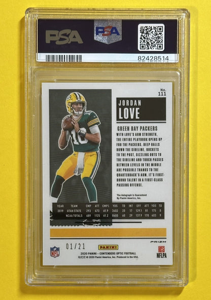 2020 Jordan Love — Contenders Optic Rookie Ticket Autographs [Purple Pulsar Prizm] — PSA 9 — back — Inventory P135-B