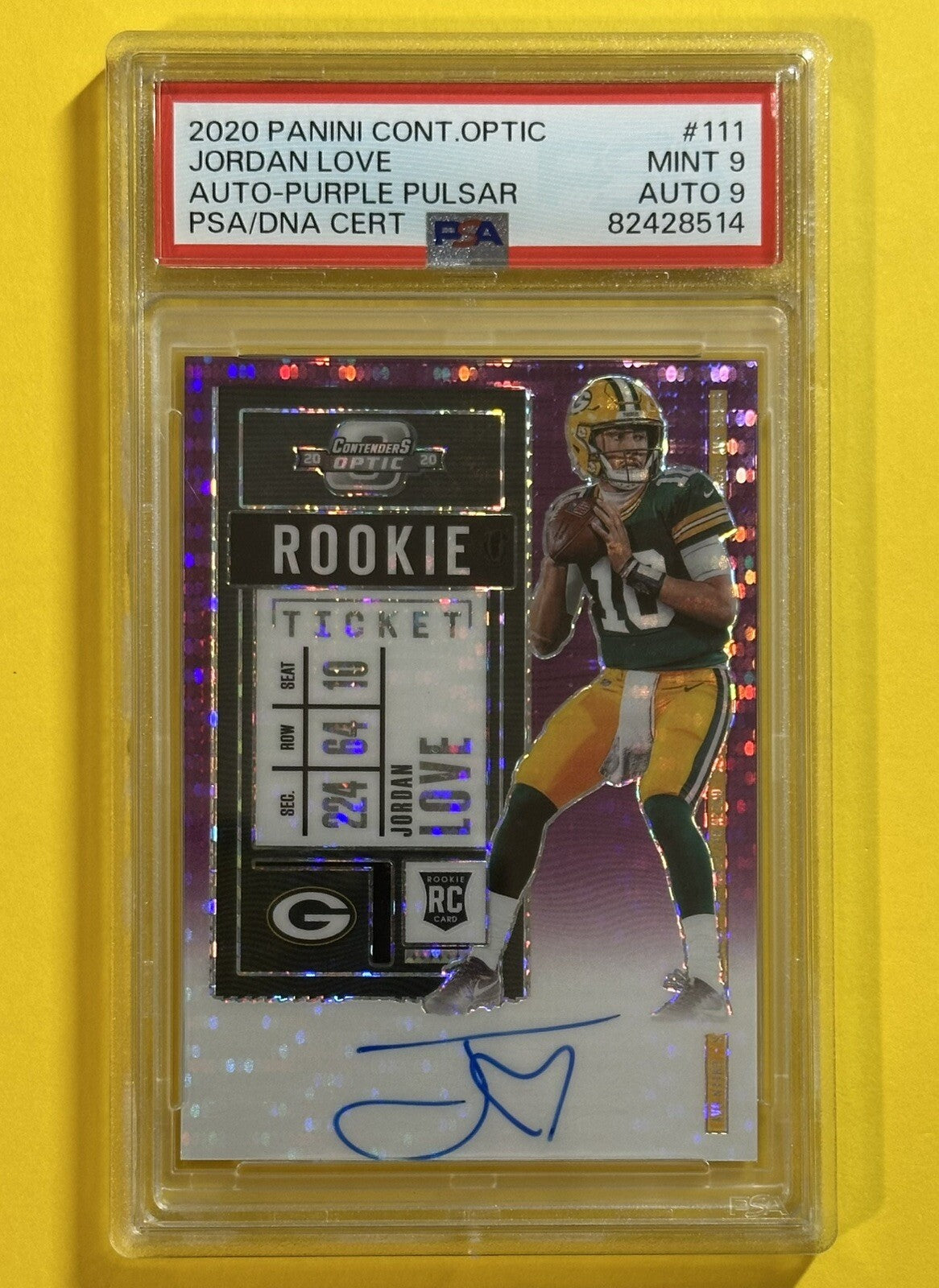 2020 Jordan Love — Contenders Optic Rookie Ticket Autographs [Purple Pulsar Prizm] — PSA 9 — front — Inventory P135-B