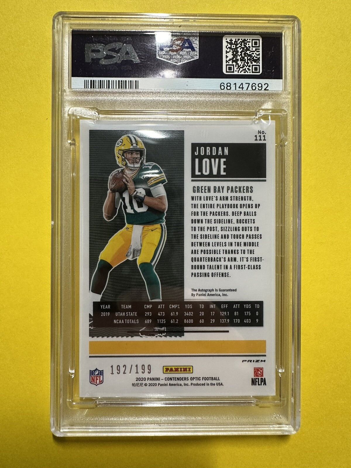 2020 Jordan Love — Contenders Optic Rookie Ticket Autographs [Red Prizm] — PSA 10 — back — Inventory P135-C