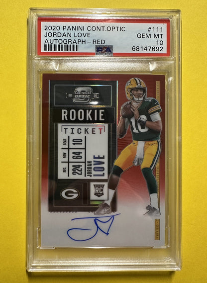 2020 Jordan Love — Contenders Optic Rookie Ticket Autographs [Red Prizm] — PSA 10 — front — Inventory P135-C