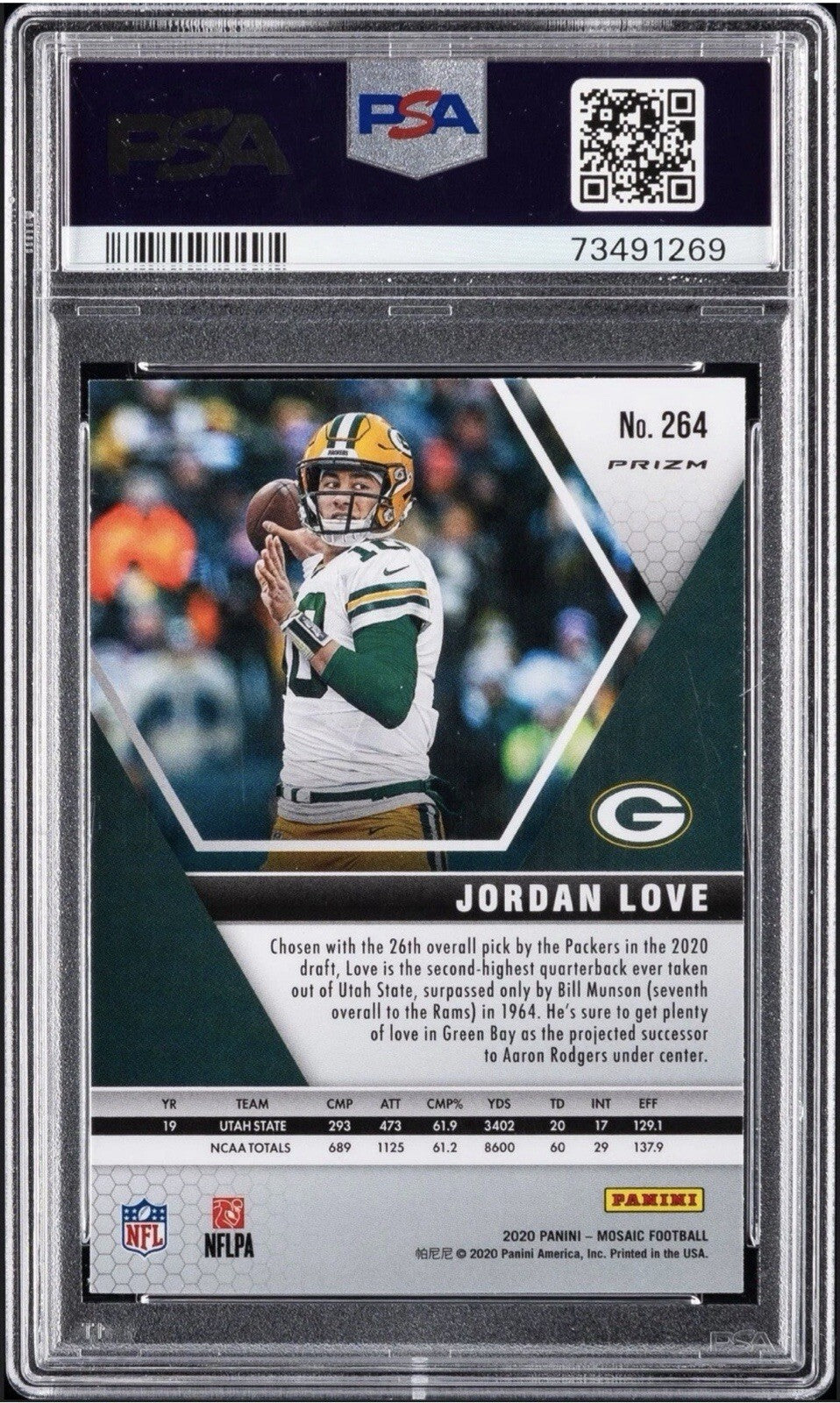 2020 Jordan Love — Mosaic NFL Debut [Genesis Mosaic Prizm] — PSA 9 — back — Inventory P137-B