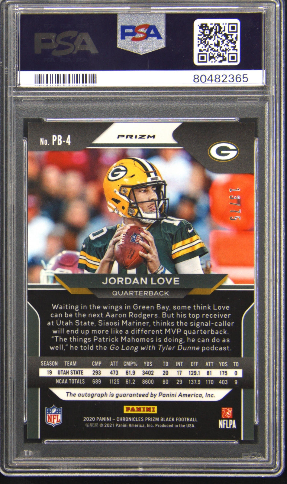 2020 Jordan Love — Prizm Black Prizm Black Signatures [Orange Prizm] — PSA 9 — back — Inventory P137-C