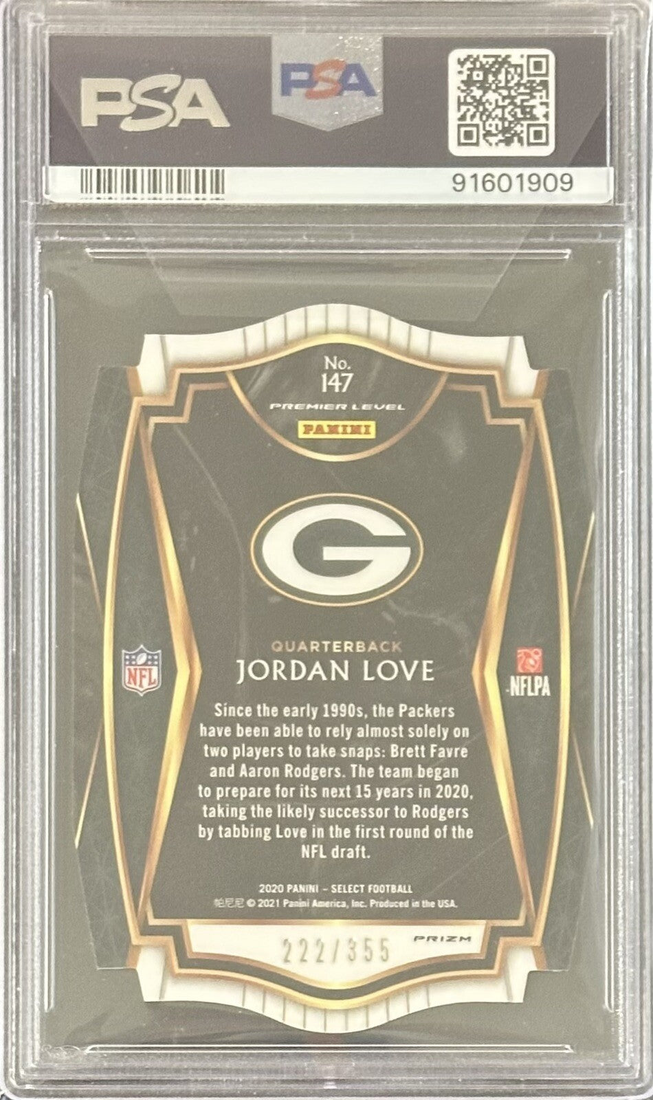 2020 Jordan Love — Select Premier Level [Copper Prizm Die-Cut] — PSA 10 — back — Inventory P138-C