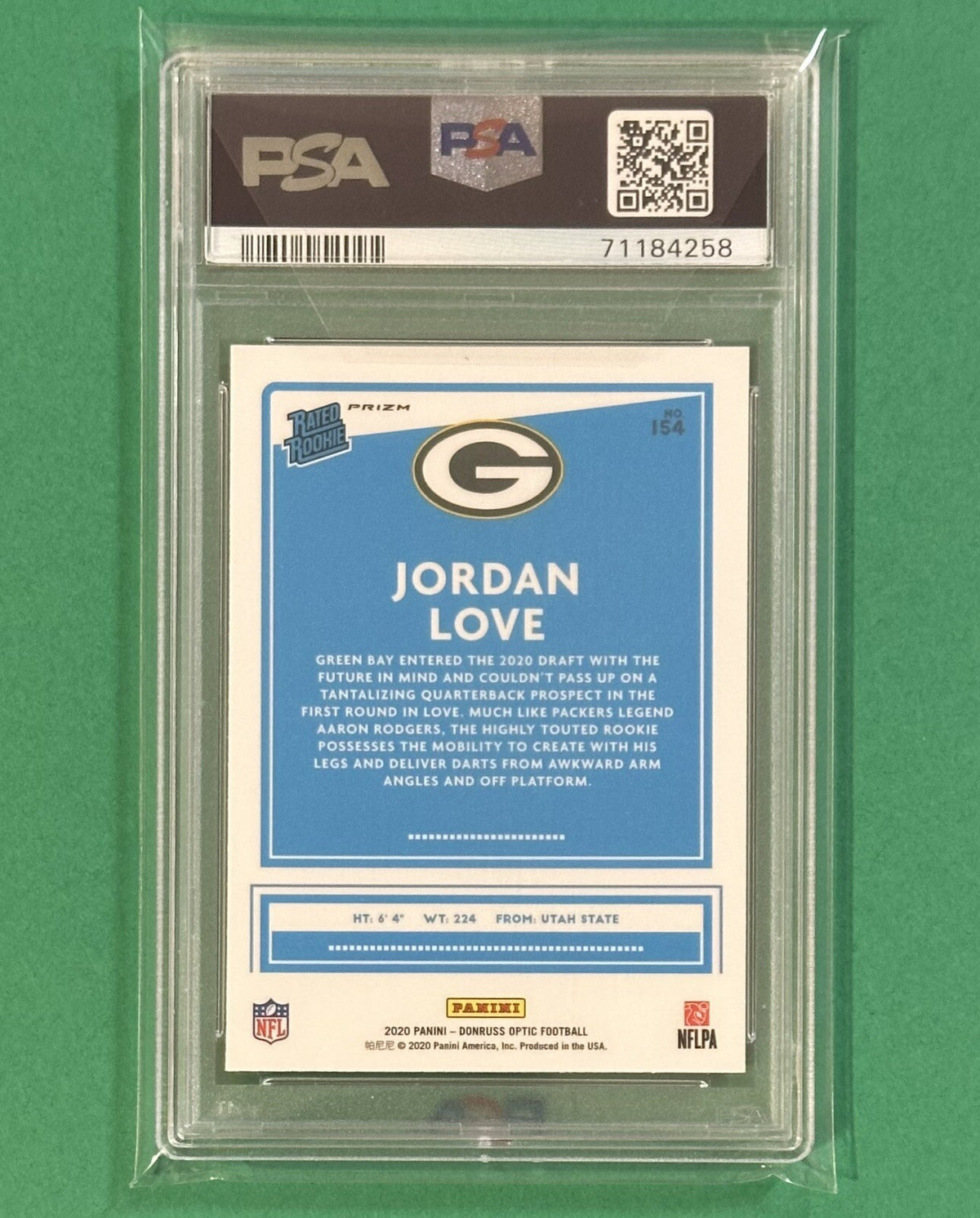 2020 Jordan Love — Donruss Optic Rated Rookies [Bronze Prizm] — PSA 9 — back — Inventory P140-D