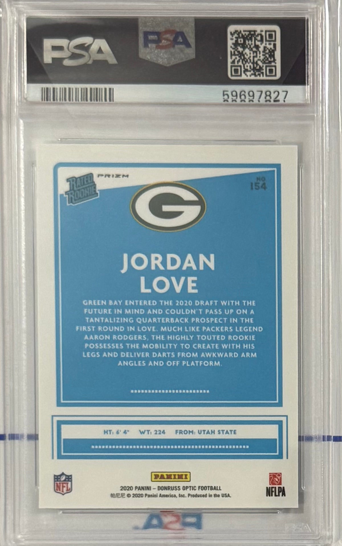 2020 Jordan Love — Donruss Optic Rated Rookies [Holo Prizm] — PSA 9 — back — Inventory P141-A