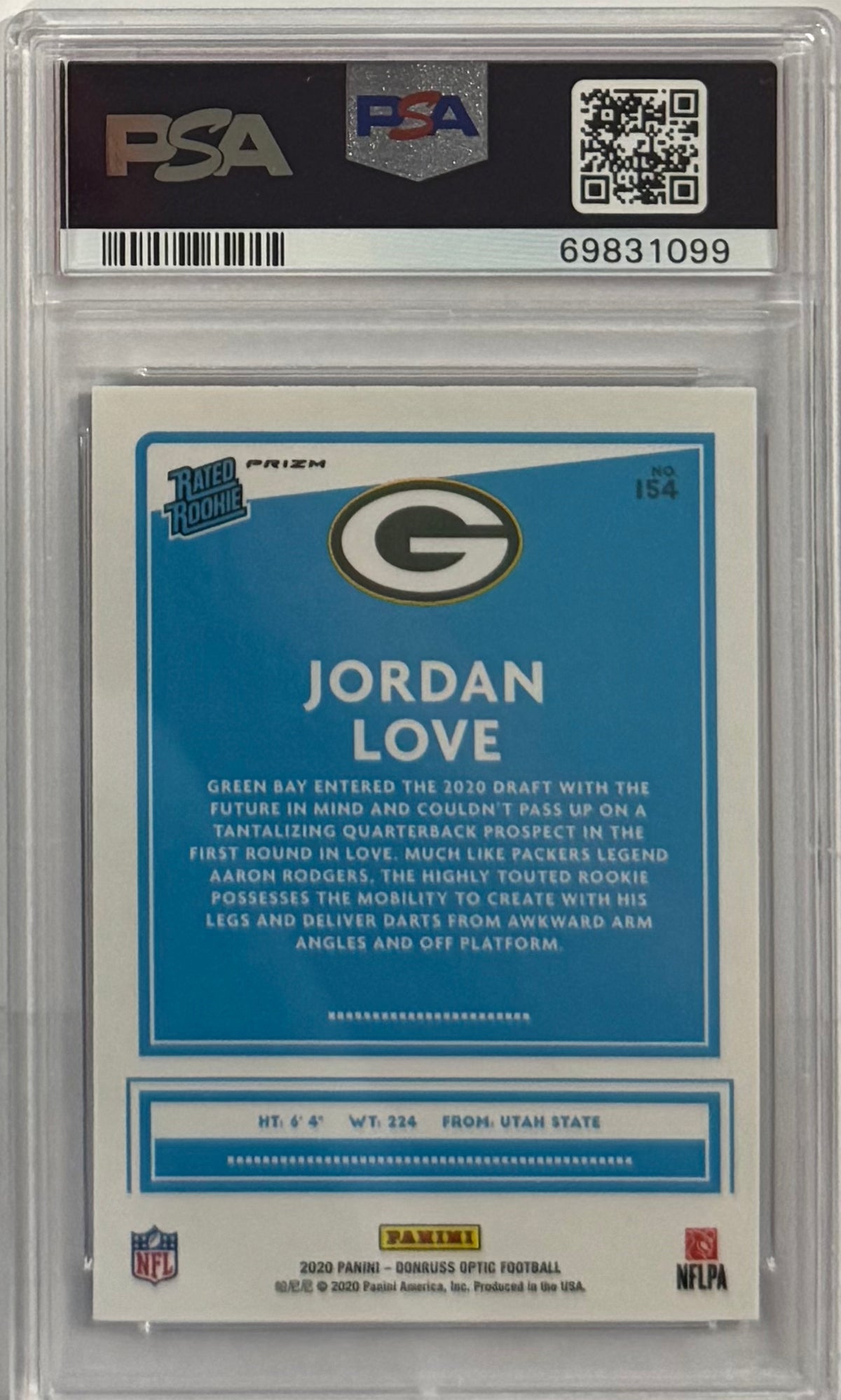 2020 Jordan Love — Donruss Optic Rated Rookies [Blue Scope Prizm] — PSA 10 — back — Inventory P141-D