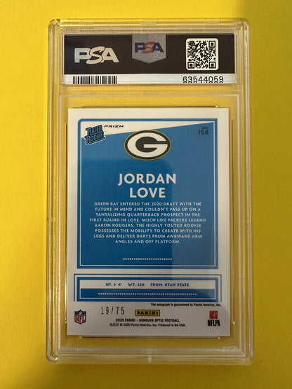 2020 Jordan Love — Donruss Optic Rated Rookie Autographs [Blue Prizm] — PSA 9 — back — Inventory P142-B