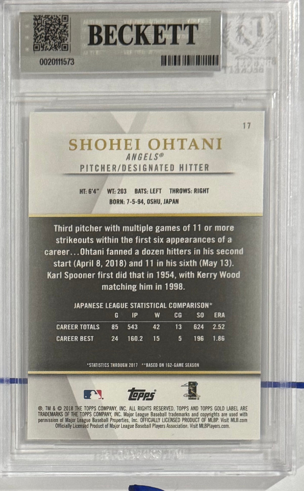 2018 Shohei Ohtani — Topps Gold Label Class 1 — BGS 8 — back — Inventory P201-B