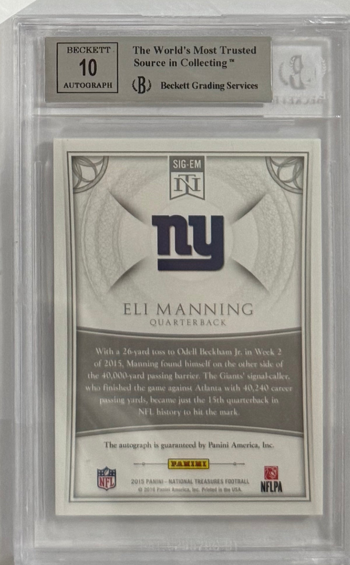 2015 Eli Manning — National Treasures Signatures [Holo Silver] — BGS 9 — back — Inventory P201-D