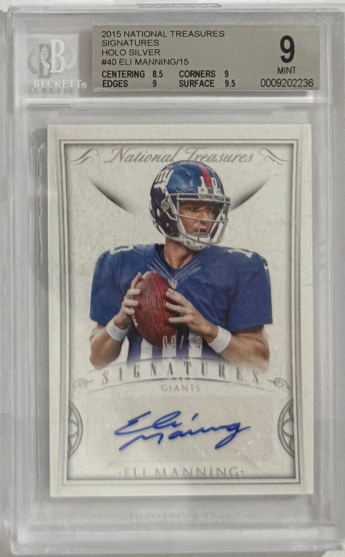 2015 Eli Manning — National Treasures Signatures [Holo Silver] — BGS 9 — front — Inventory P201-D