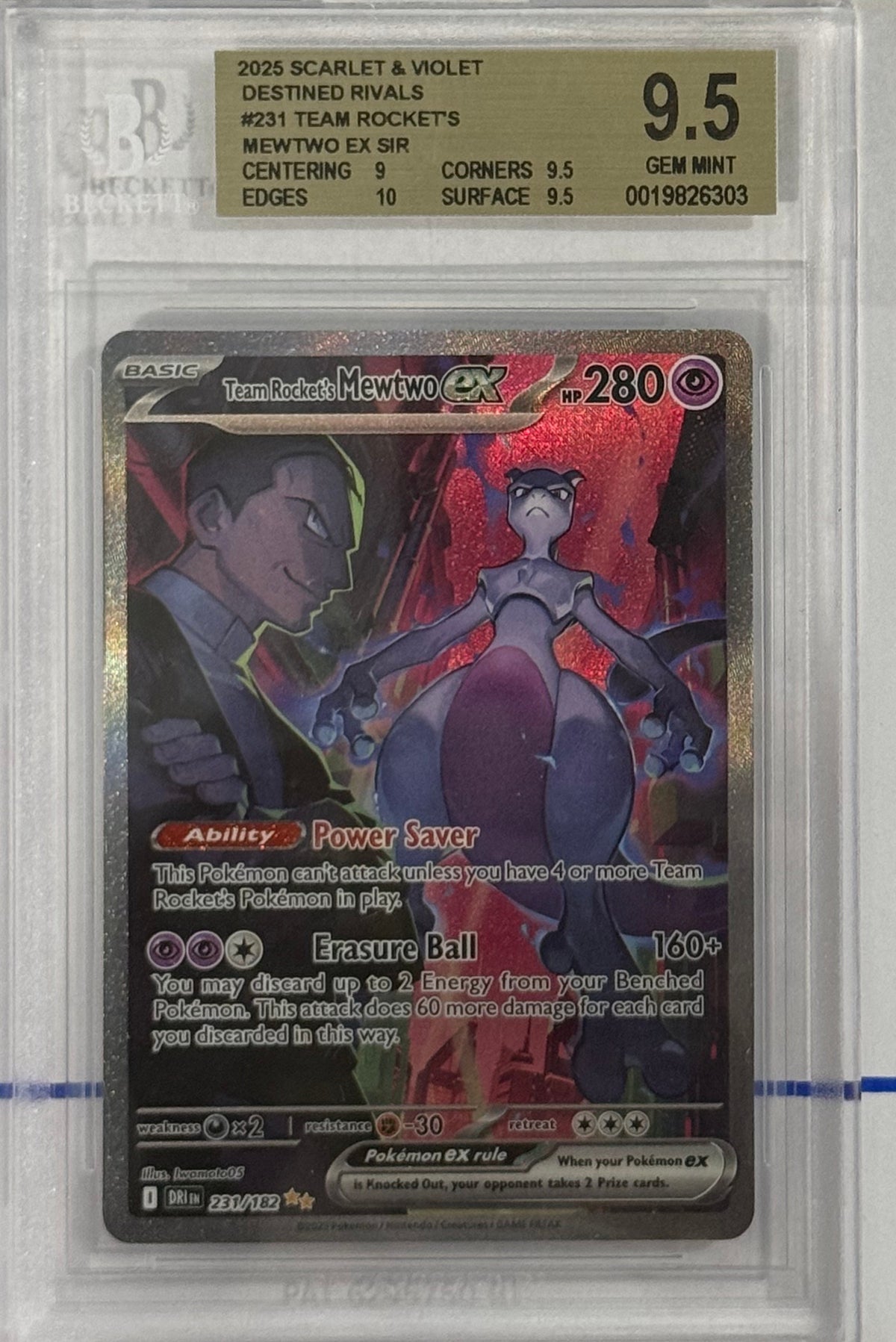 2025 Team Rocket's Mewtwo ex — Scarlet & Violet—Destined Rivals Special Illustration Rare — BGS 9.5 — front — Inventory P202-A