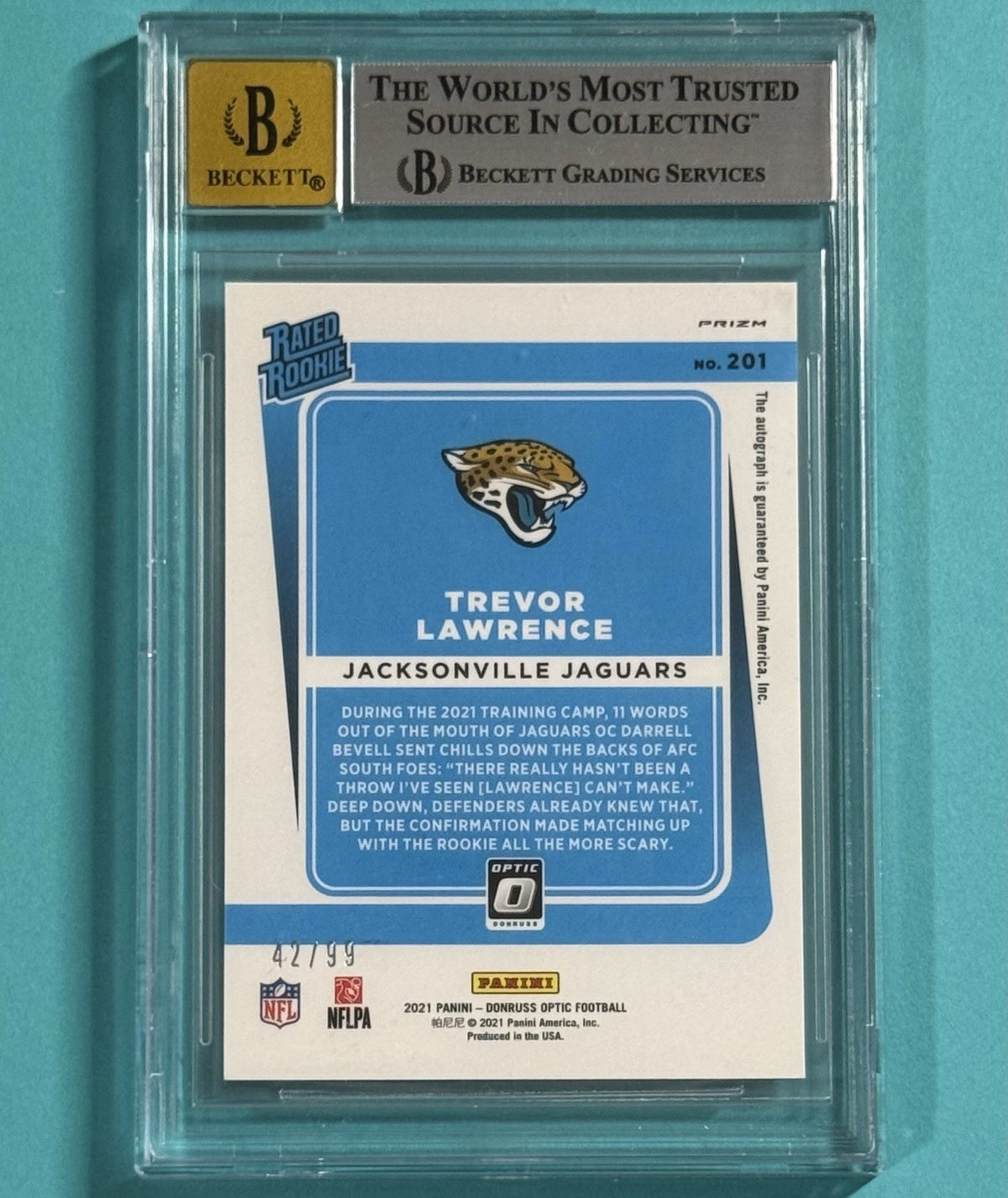 2021 Trevor Lawrence — Donruss Optic Rated Rookie RPS Autographs [Blue] — BGS 9 — back — Inventory P202-B