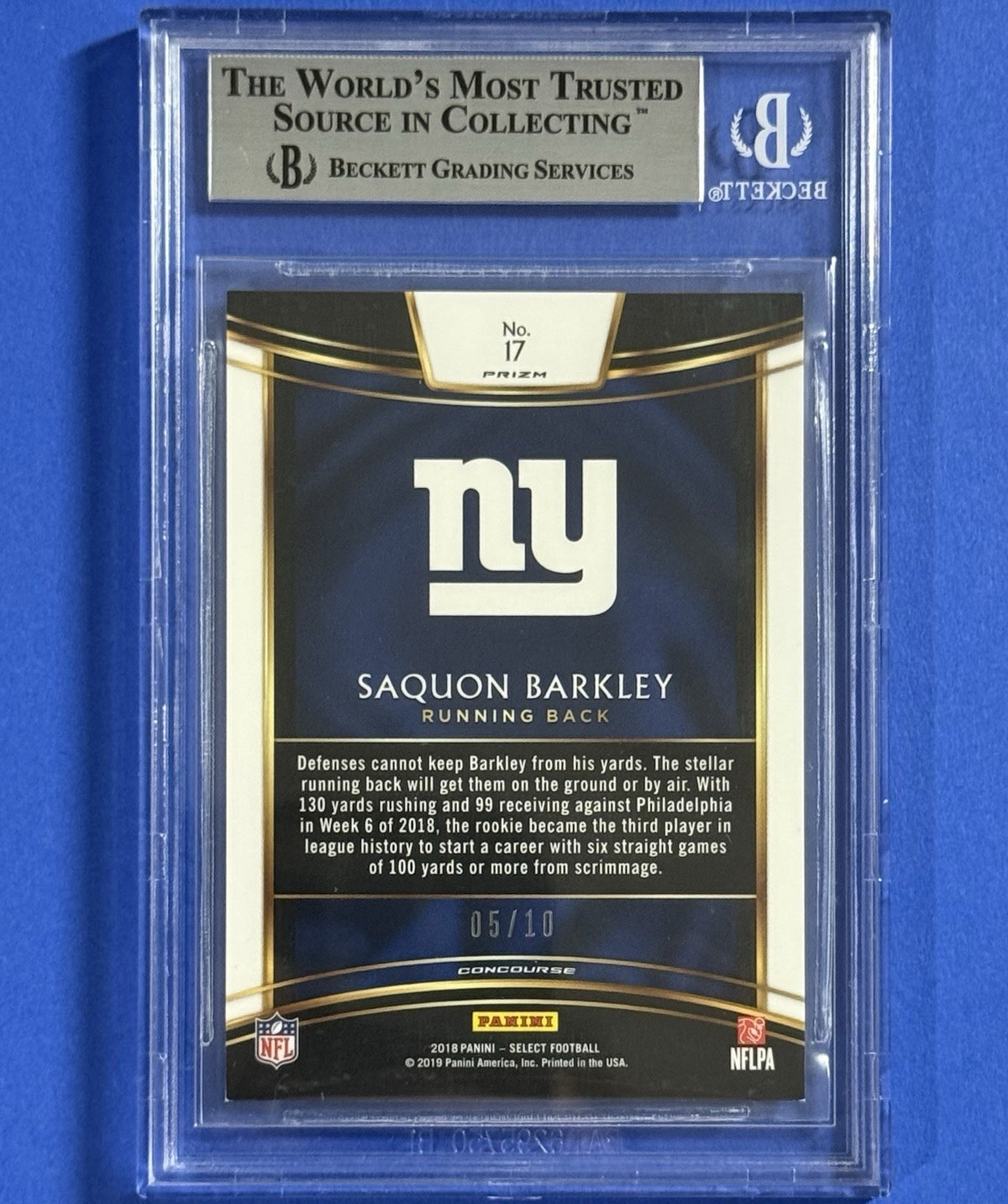 2018 Saquon Barkley — Select Pink Prizm 2019 NSCC — 05/10 — BGS 9 — back — Inventory P202-C