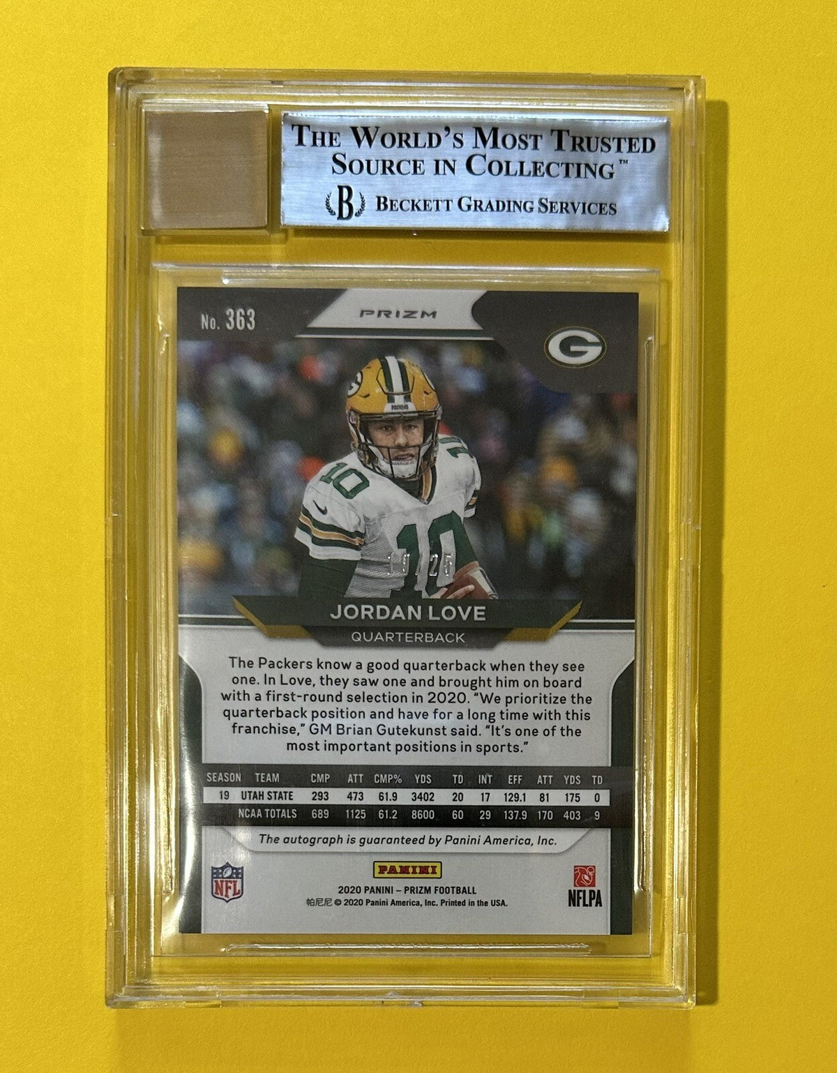 2020 Jordan Love — Prizm Rookie Autographs [Blue Shimmer Prizm] — BGS 9 — back — Inventory P203-A