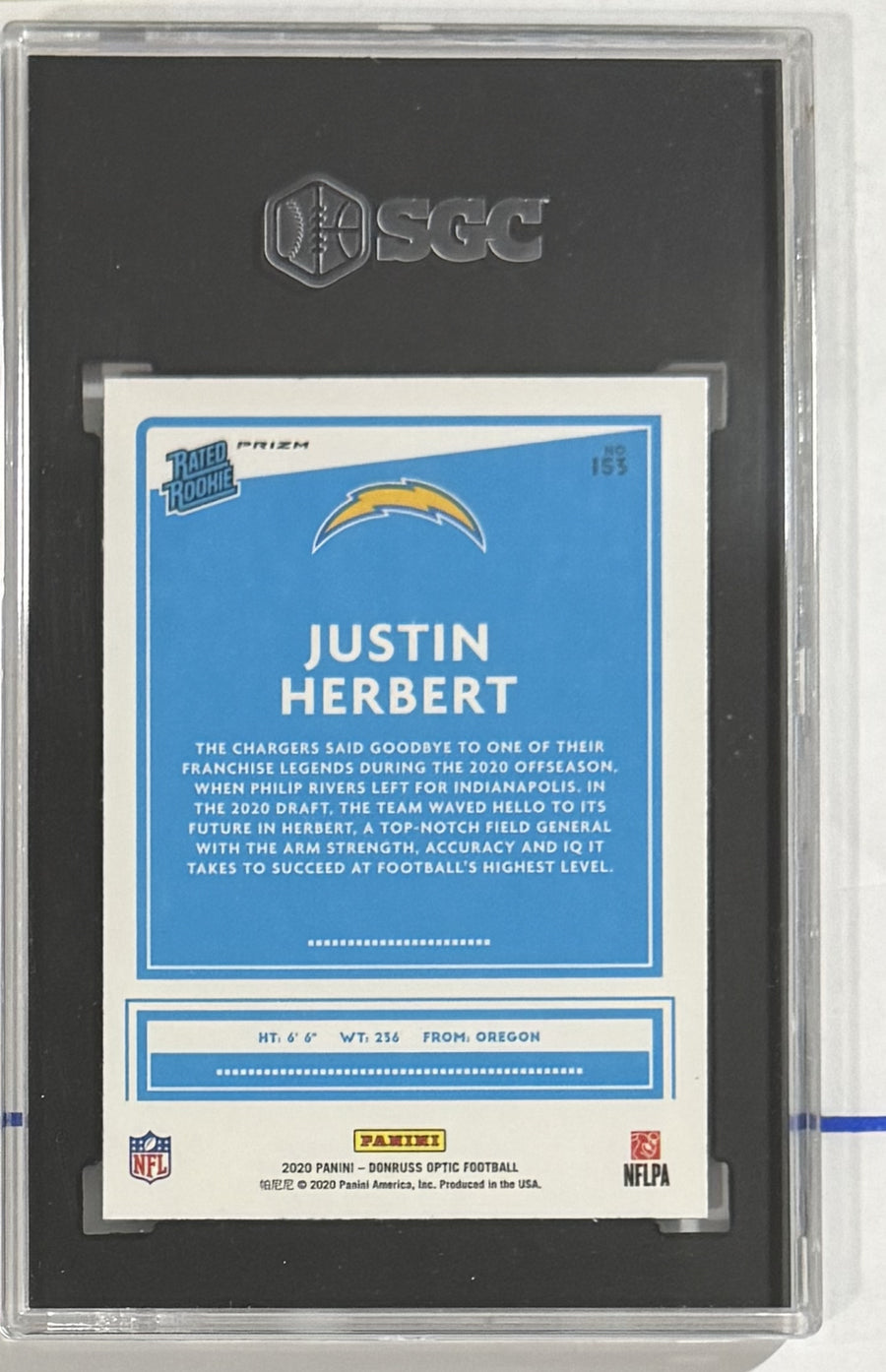 2020 Justin Herbert — Donruss Optic Green Velocity Rated Rookie — SGC 9 — back photograph