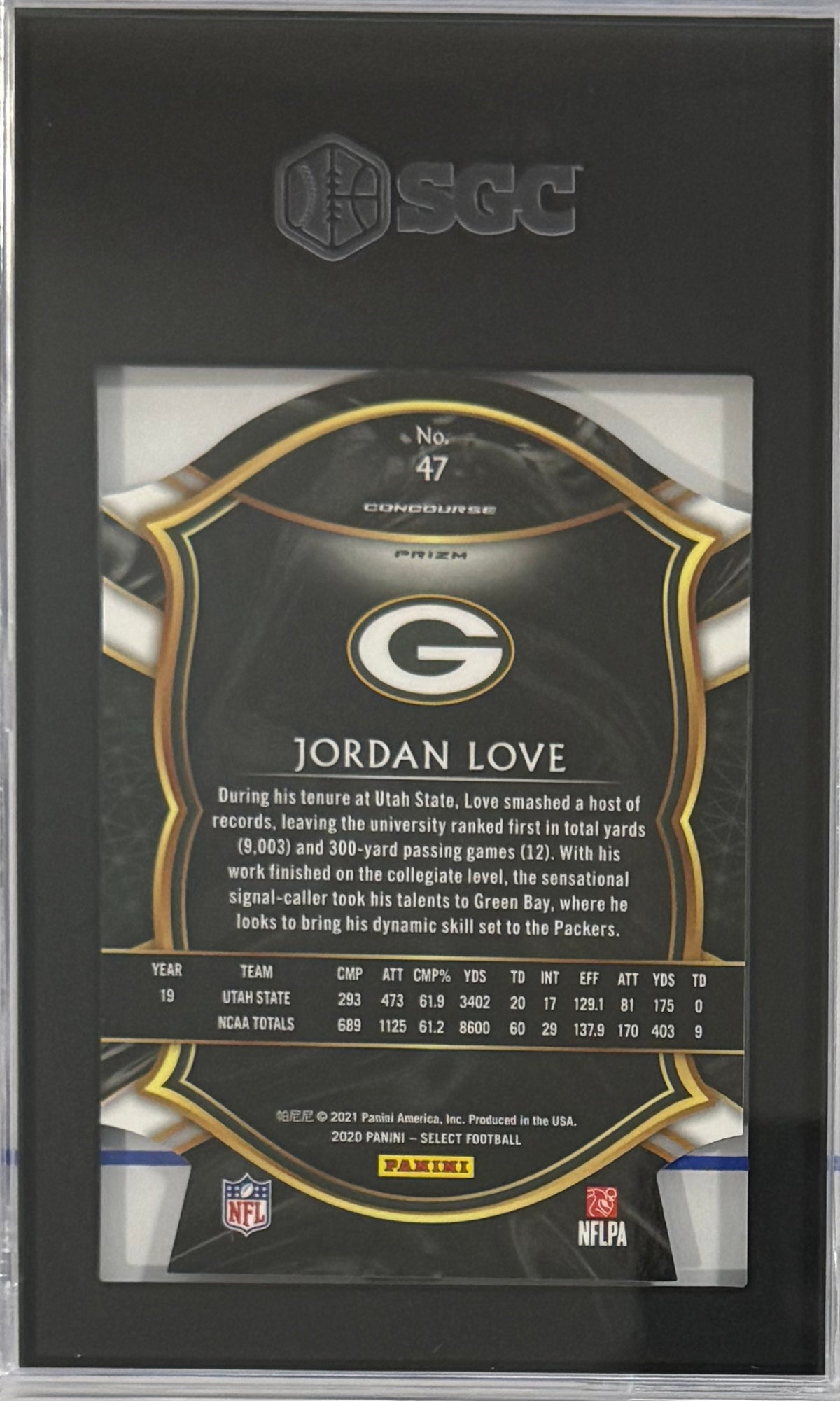 2020 Jordan Love — Select Concourse [Tri-Color Die-Cut Prizm] — SGC 10 — back — Inventory P304-A