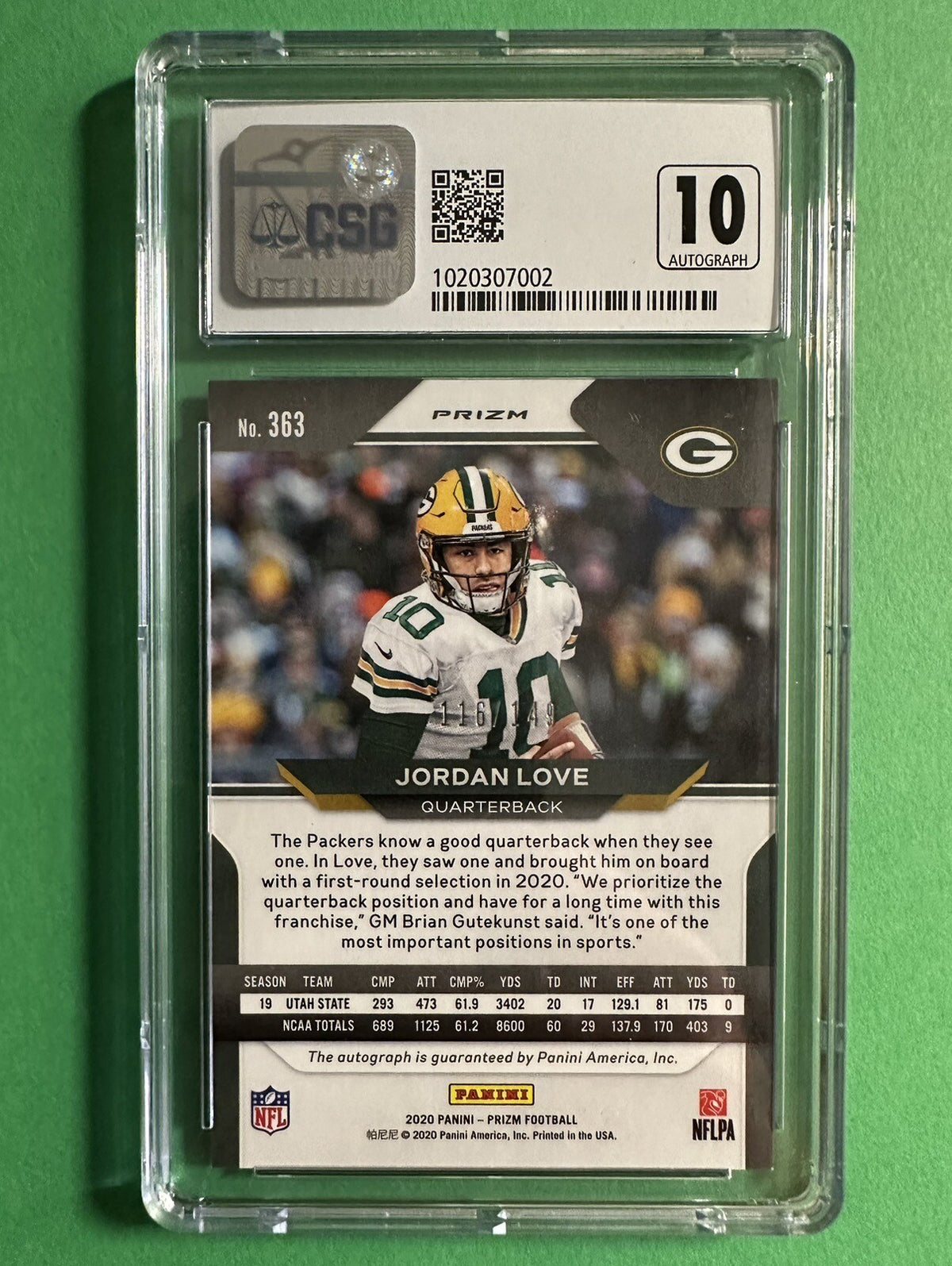 2020 Jordan Love — Prizm Autographs [Red Wave Prizm] — CSG 9 — back — Inventory P402-B