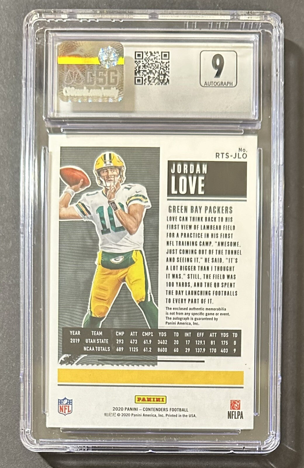 2020 Jordan Love — Contenders Rookie Ticket Swatch Autograph — CSG 9.5 — back — Inventory P402-C
