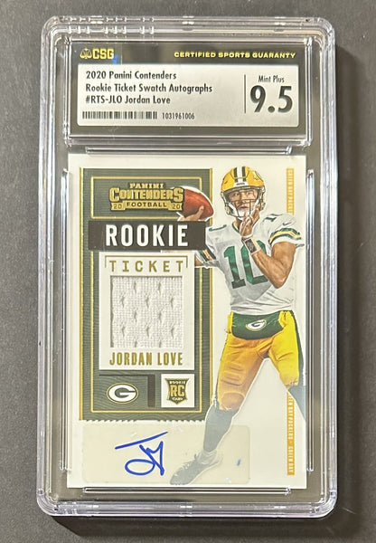 2020 Jordan Love — Contenders Rookie Ticket Swatch Autograph — CSG 9.5 — front — Inventory P402-C
