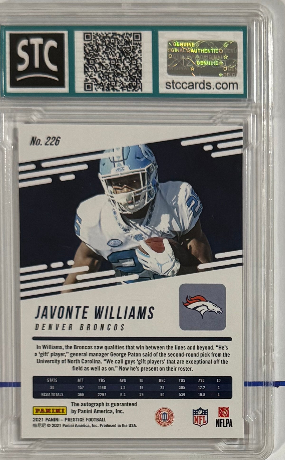2021 Javonte Williams — Prestige Xtra Points Signatures [Premium Red] — STC 10 — back — Inventory P500-A