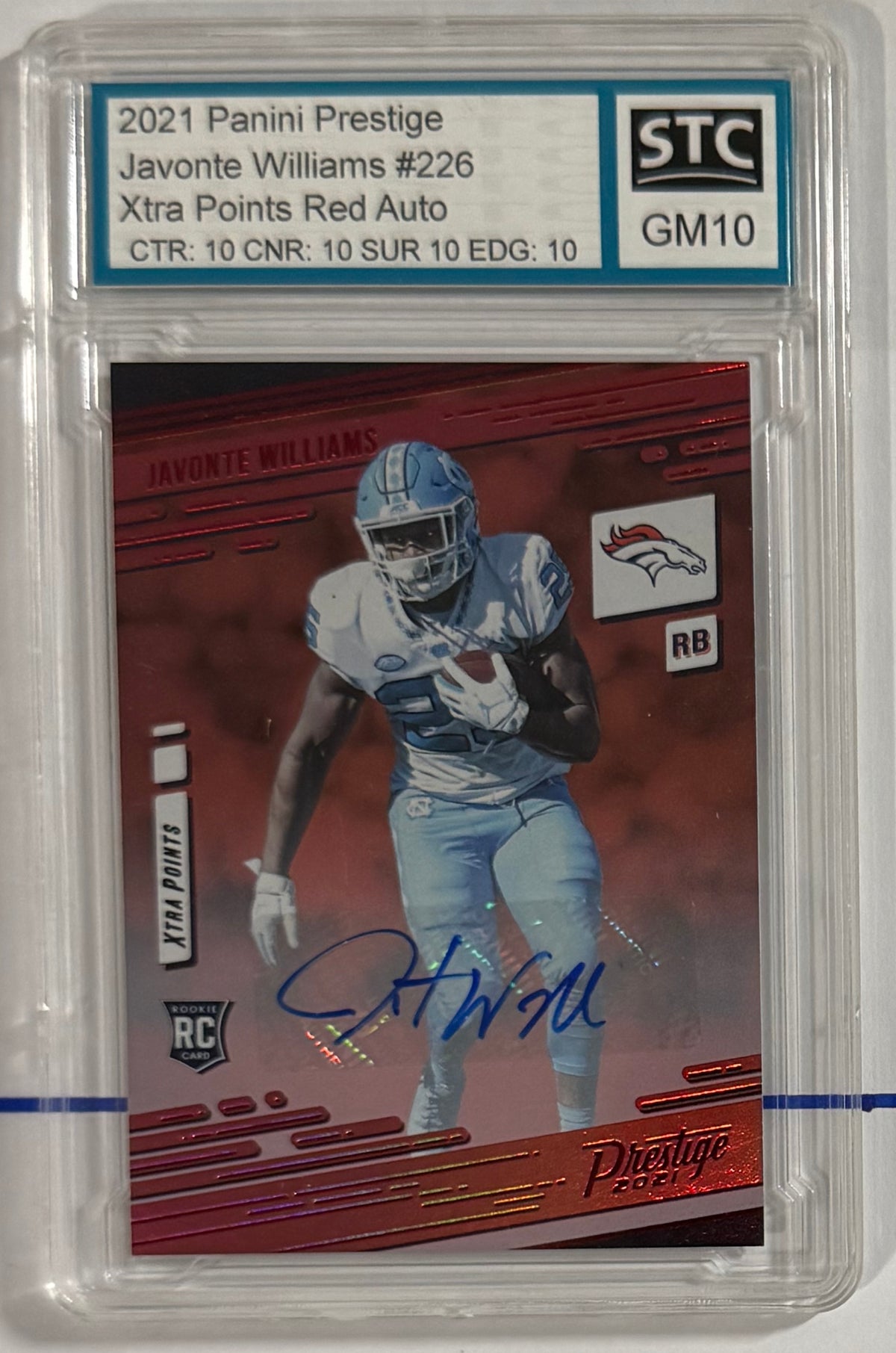 2021 Javonte Williams — Prestige Xtra Points Signatures [Premium Red] — STC 10 — front — Inventory P500-A