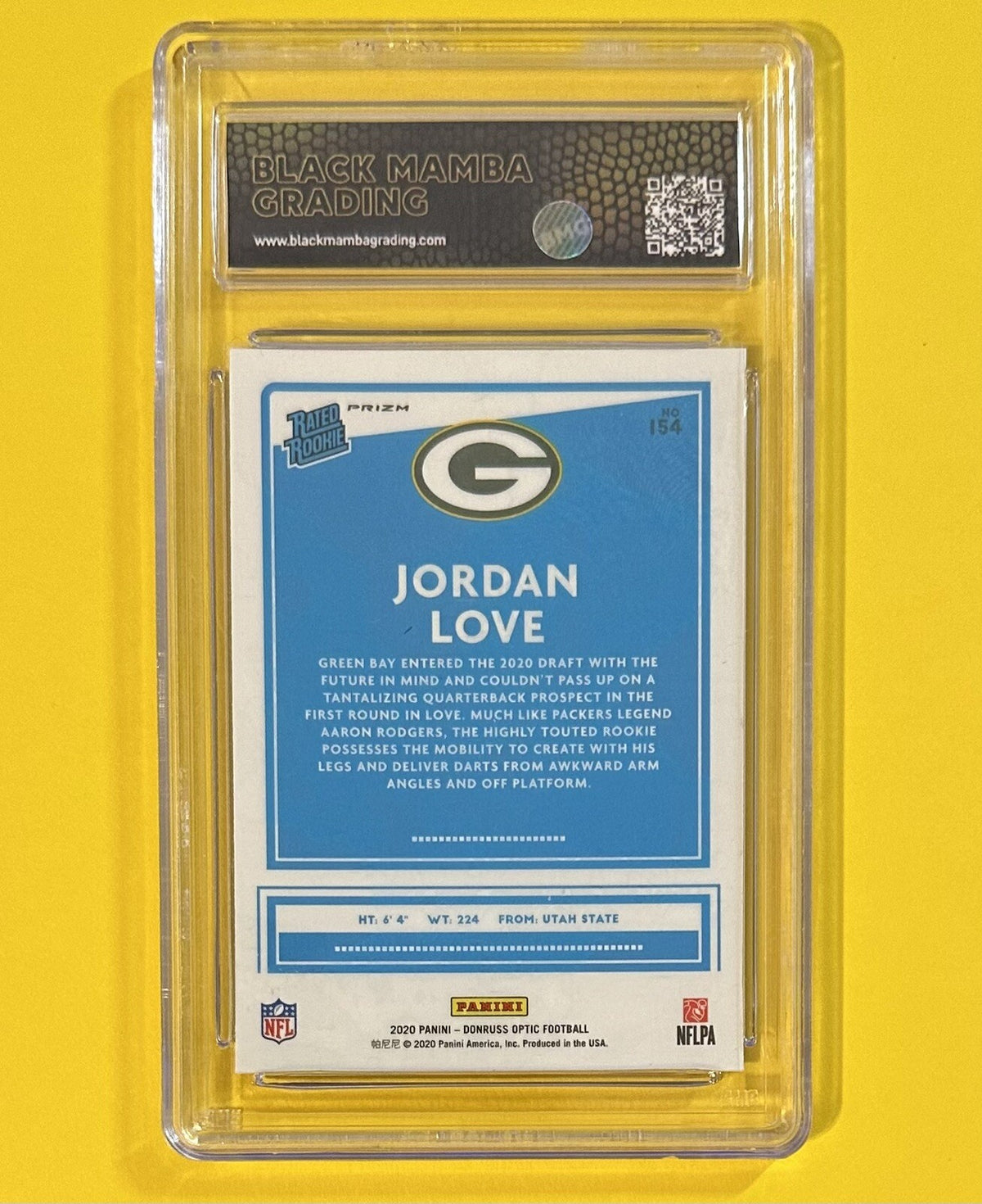 2020 Jordan Love — Donruss Optic Rated Rookies [Blue Hyper Prizm] — Black Mamba Grading 10 — back — Inventory P500-B