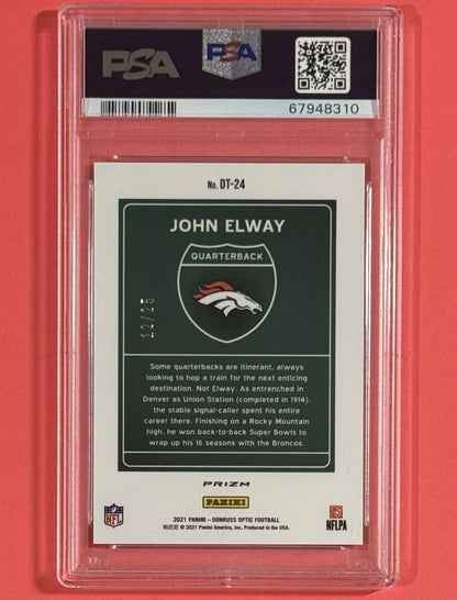 P599-A John Elway 2021 Donruss Optic Downtown Black Pandora PSA 10 back