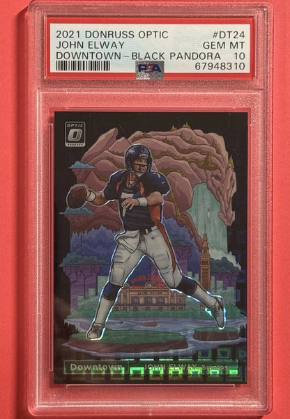 P599-A John Elway 2021 Donruss Optic Downtown Black Pandora PSA 10 front