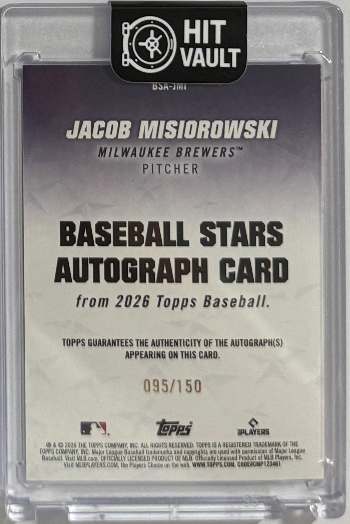 2026 Jacob Misiorowski — Topps Series 1 Baseball Stars Autographs [Blue] — back — Inventory P600-D