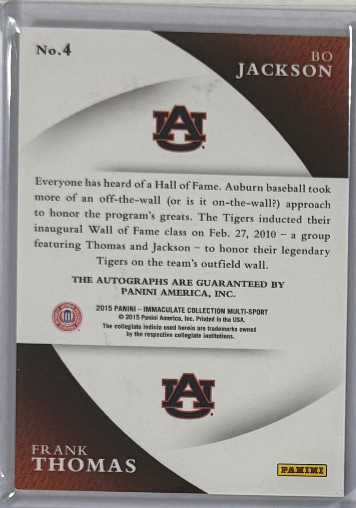 2015 Frank Thomas / Bo Jackson — Immaculate Collection Collegiate Multi-Sport Immaculate Ink Combos [Base] — back — Inventory P601-A