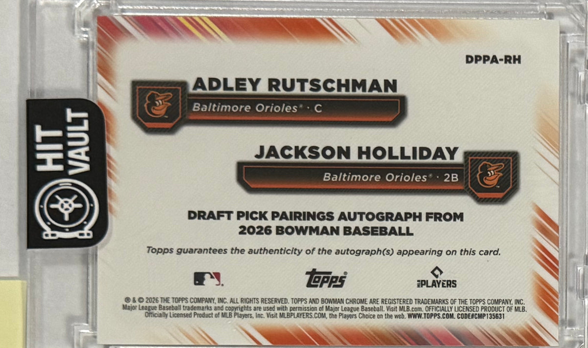 2026 Adley Rutschman / Jackson Holliday — Bowman Draft Pick Pairings Autographs [Red Refractor] — back — Inventory P601-B