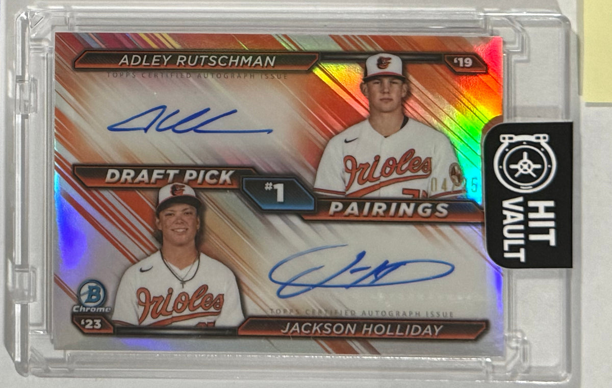 2026 Adley Rutschman / Jackson Holliday — Bowman Draft Pick Pairings Autographs [Red Refractor] — front — Inventory P601-B
