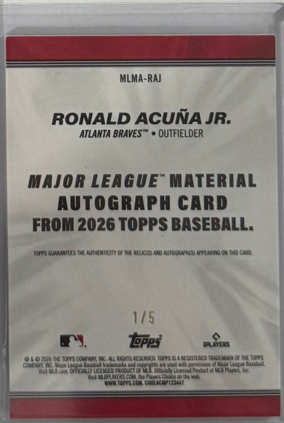 2026 Ronald Acuña Jr. — Topps Series 1 Major League Material Autographs [Red] — back — Inventory P601-D