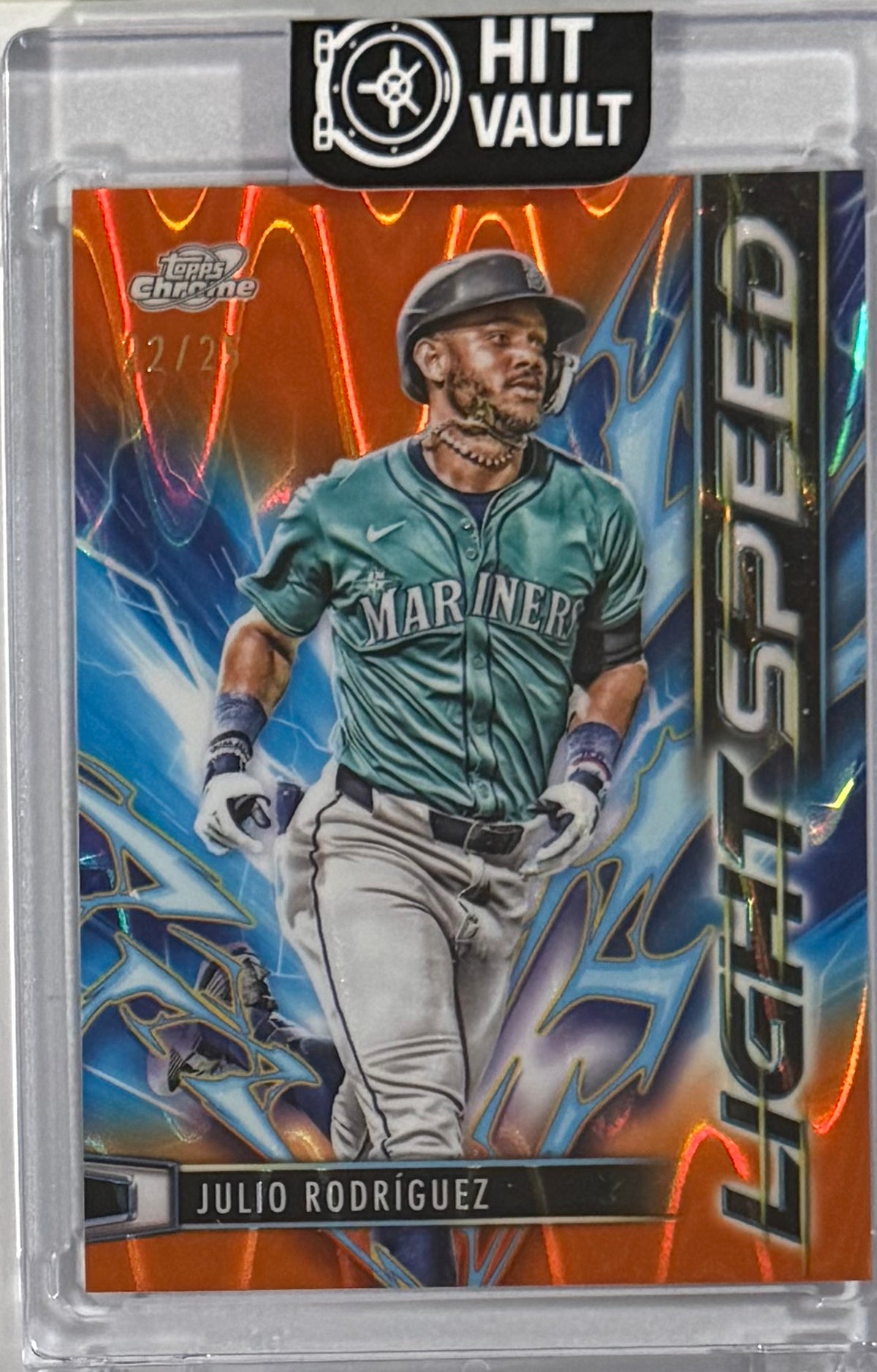 2025 Julio Rodríguez — Topps Cosmic Chrome Light Speed [Orange Galactic Refractor] — front — Inventory P603-B