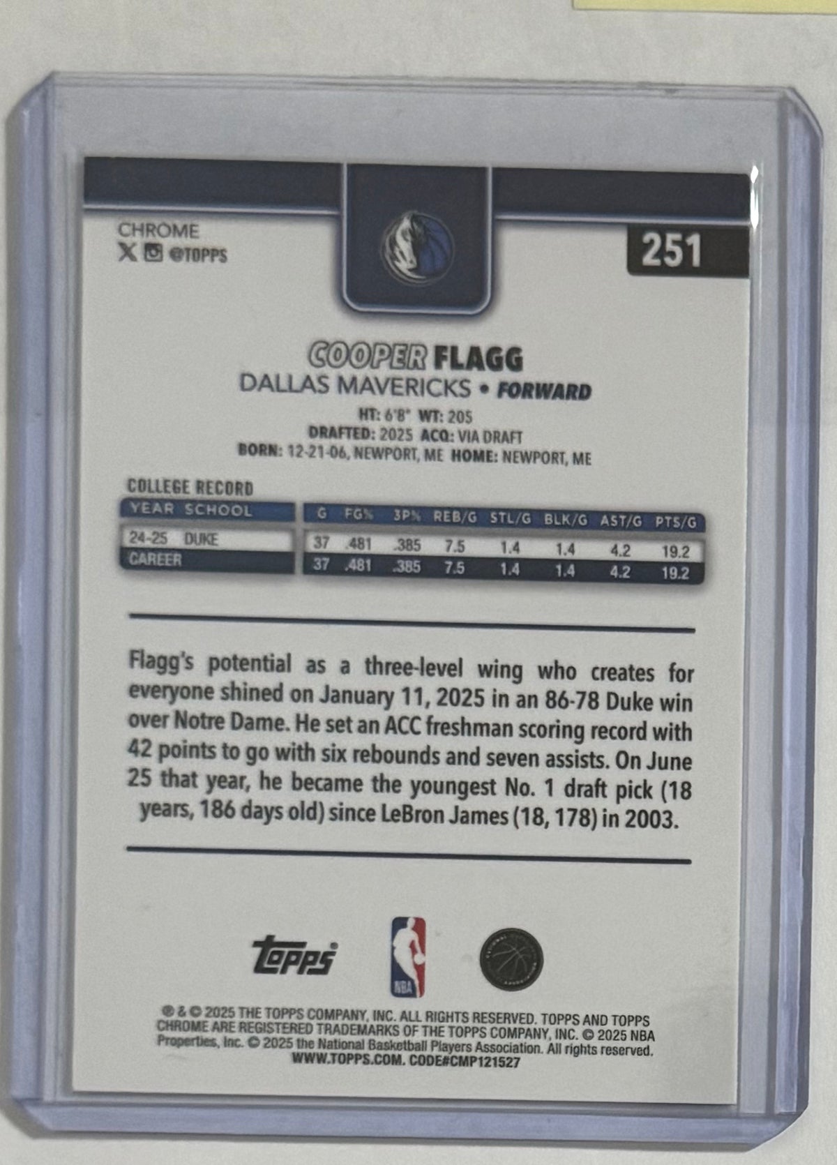 2025-26 Cooper Flagg — Topps Chrome [Yellow RayWave Refractor] — back — Inventory P701-A