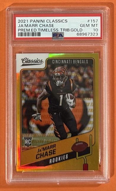 2021 Ja'Marr Chase — Classics Premium Edition Timeless Tributes [Gold] — PSA 10 — front — Inventory P705-D