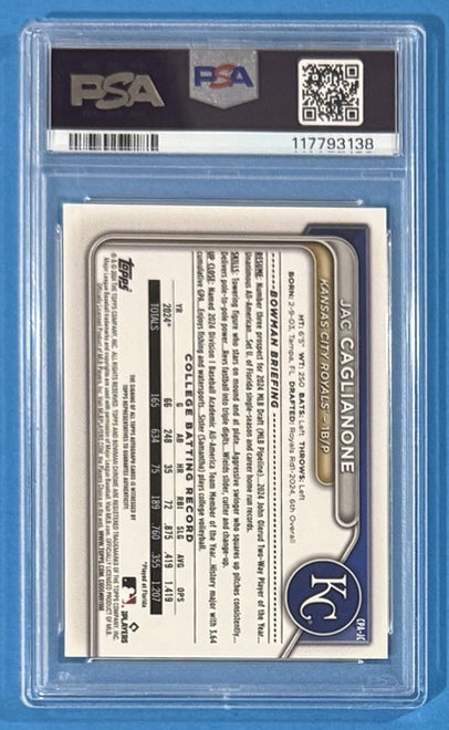 2024 Jac Caglianone — Bowman Draft Chrome Prospect Autographs [Base] — PSA 9 — back — Inventory P706-A