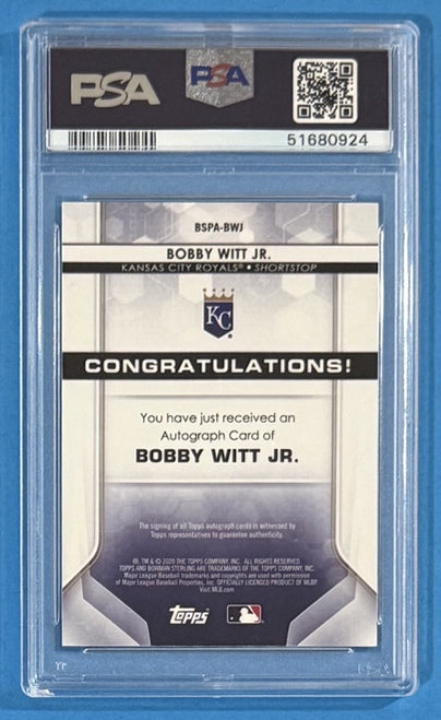 2020 Bobby Witt Jr. — Bowman Sterling Prospect Autographs [Speckle Refractor] — PSA 10 — back — Inventory P706-B