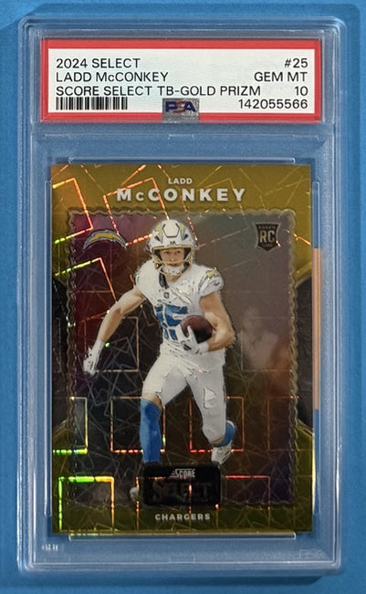 2024 Ladd McConkey — Select Score Select Throwback [Gold Prizm] — PSA 10 — front — Inventory P706-D