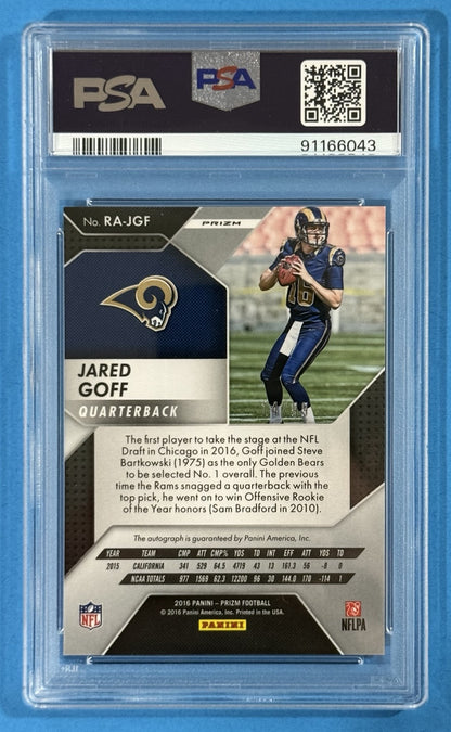 2016 Jared Goff — Prizm Rookie Autographs [Purple Scope Prizm] — PSA 10 — back — Inventory P707-B