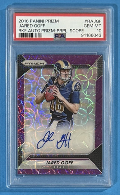 2016 Jared Goff — Prizm Rookie Autographs [Purple Scope Prizm] — PSA 10 — front — Inventory P707-B