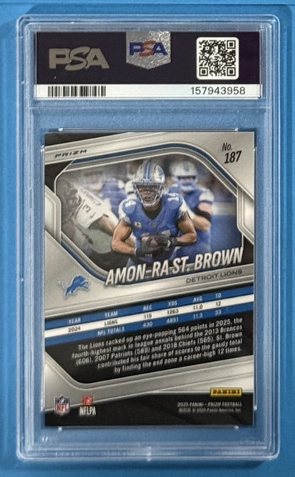 2025 Amon-Ra St. Brown — Prizm [White Knight Prizm] — PSA 9 — back — Inventory P708-C